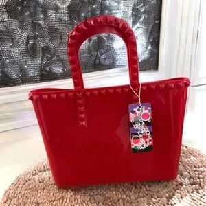 Glossy Red Tote with Studded Accents